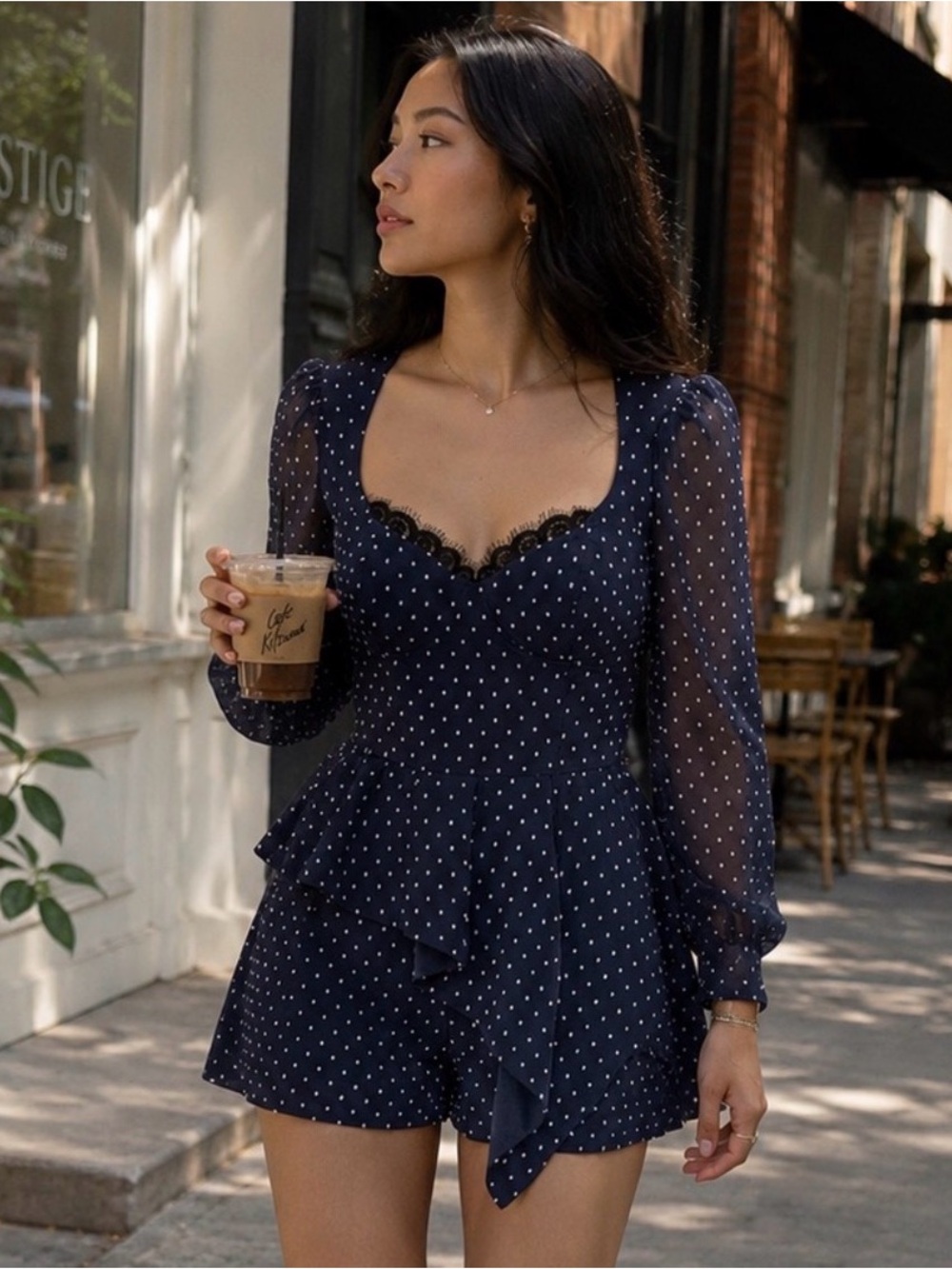Self-Portrait Navy Polka Dot Lace Romper Peplum Playsuit US 4 Small
